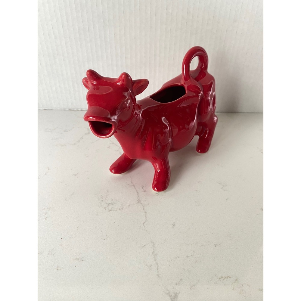 Vintage  Red Ceramic Cow Creamer Glossy Glazed Farmhouse Kitchen Decor 7in